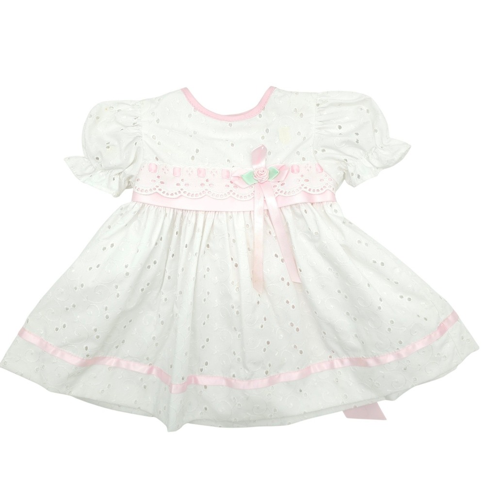 Vintage Baby Togs Baby Girl White Eyelet Pink Ribbon Dress Size 12 Months